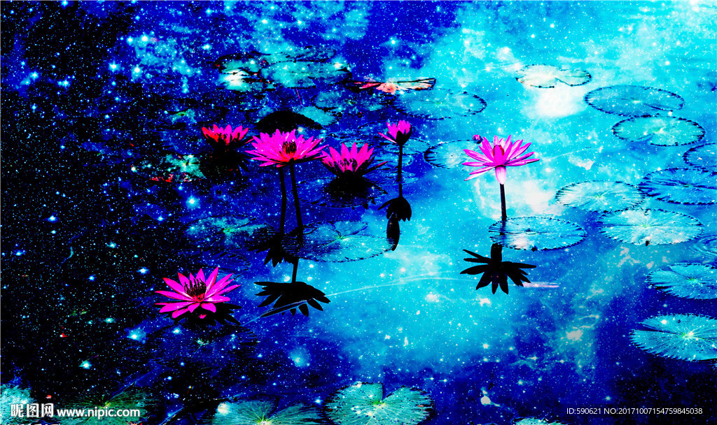 手绘星空荷花背景墙