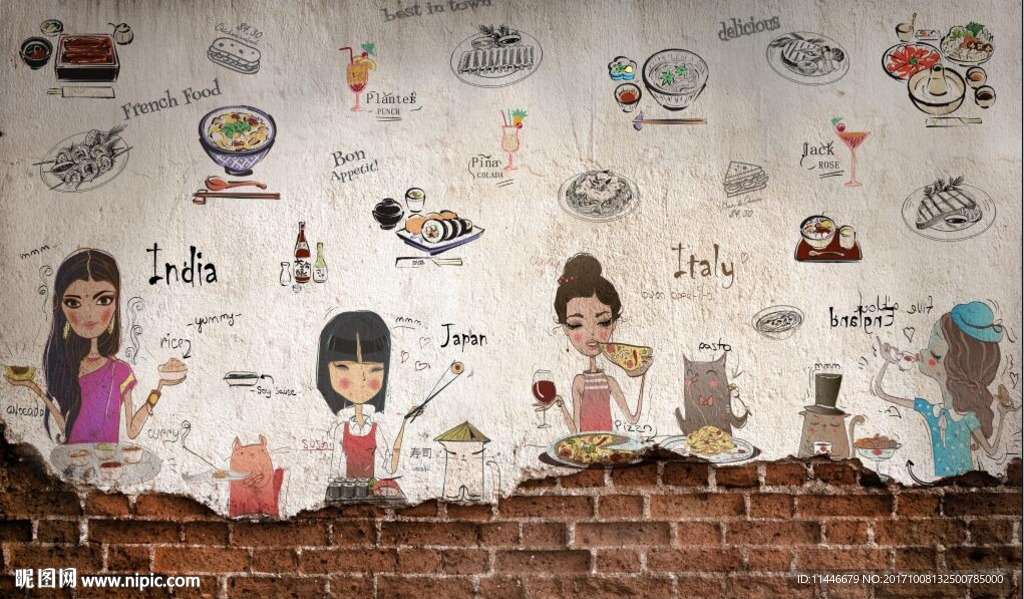 复古卡通用餐背景墙