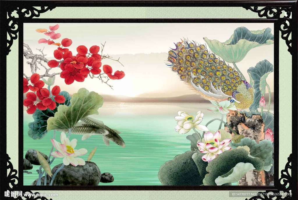 荷花壁画 孔雀图