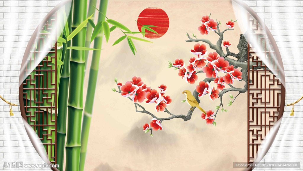 梅花竹子中式背景墙