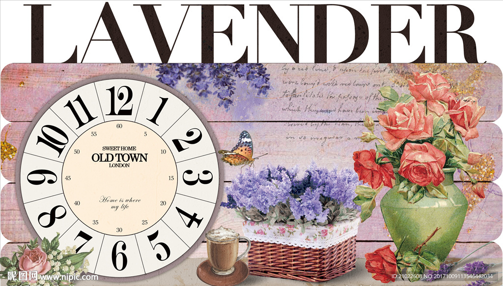 欧式复古做旧花卉钟面设计装饰画