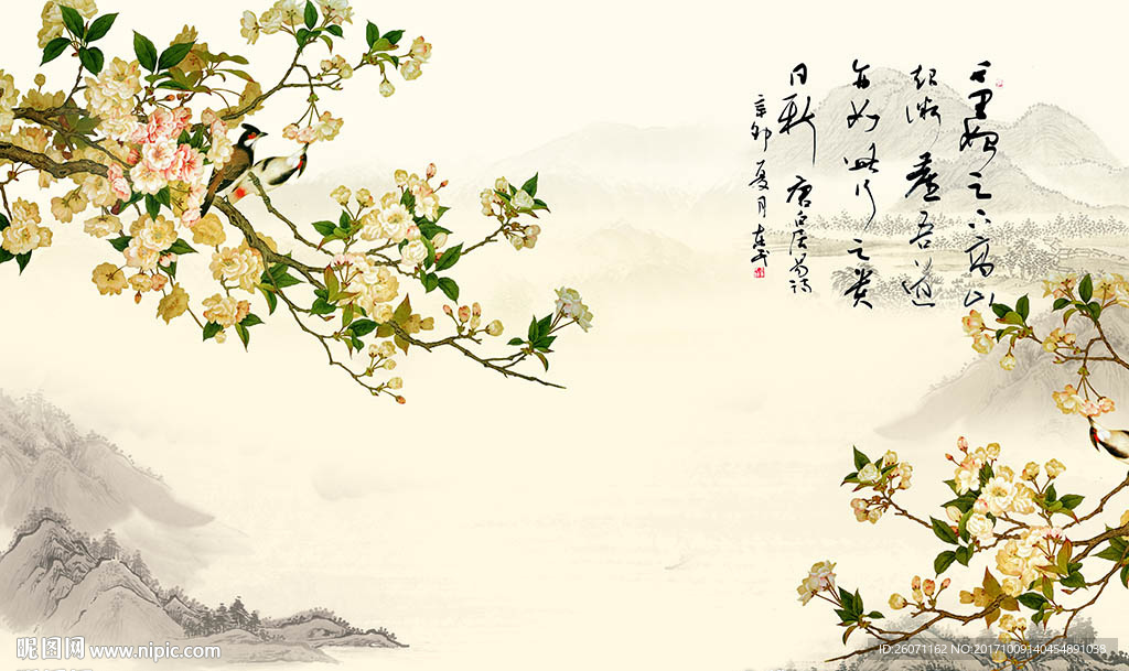 工笔花鸟中式背景墙