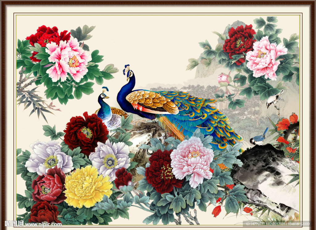 花开富贵孔雀图