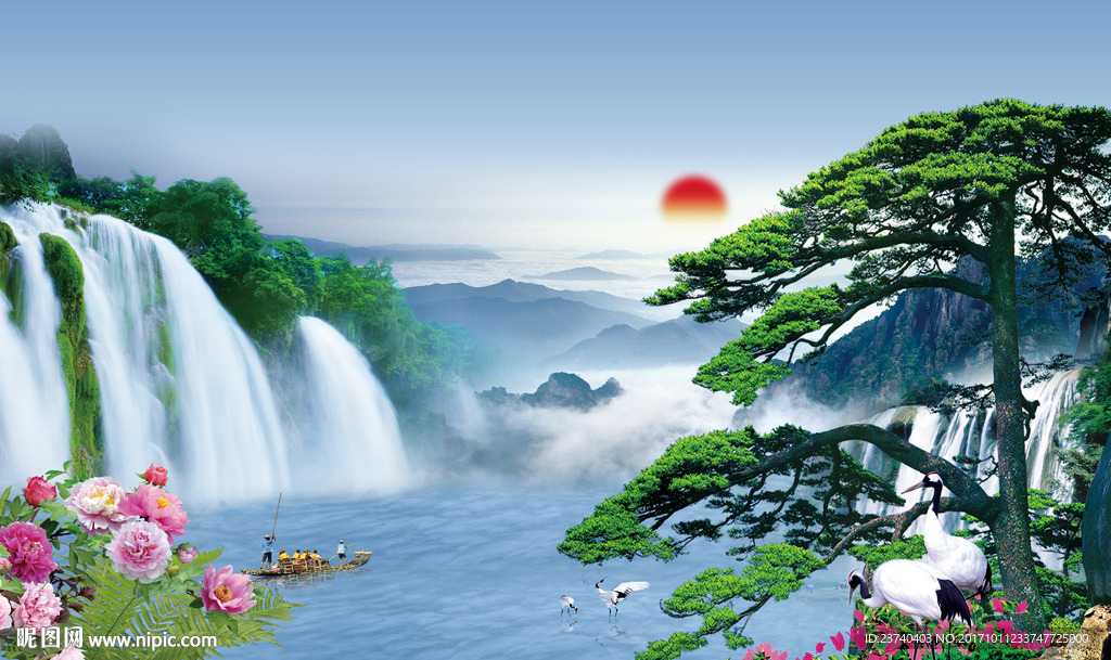 山水风景迎客松背景墙