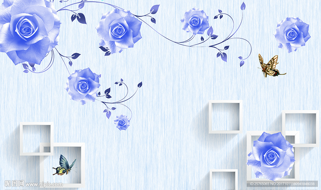 蓝色玫瑰简约框框蝴蝶电视背景墙
