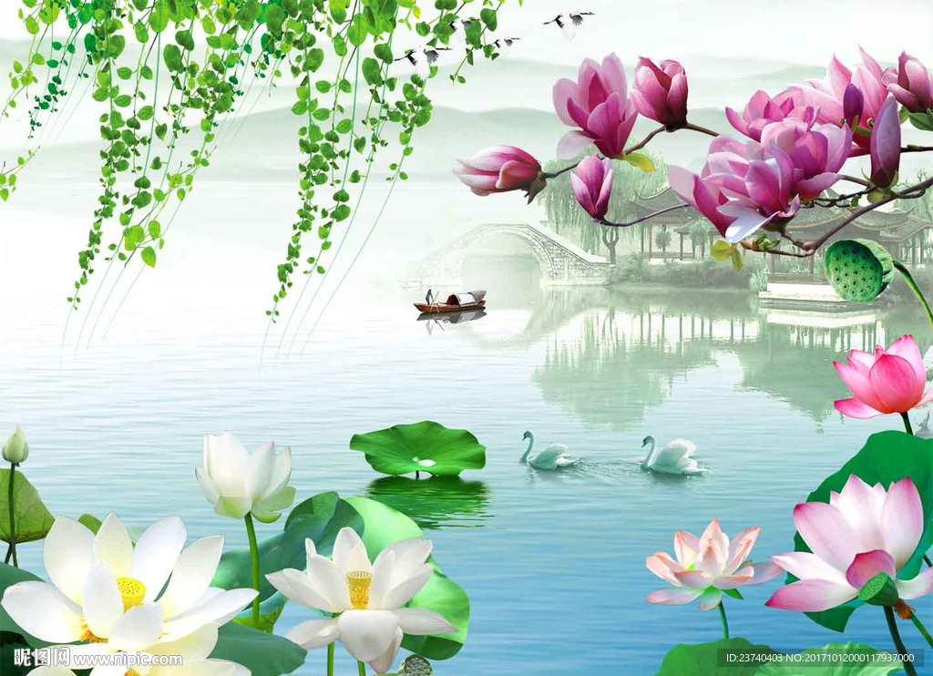 荷花电视背景墙
