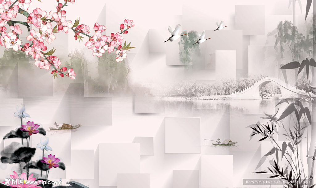 江南水乡方块桃花水墨画