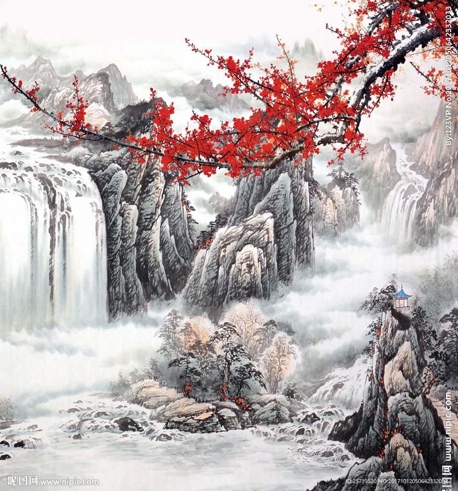 国画流水生财梅花风景山水画
