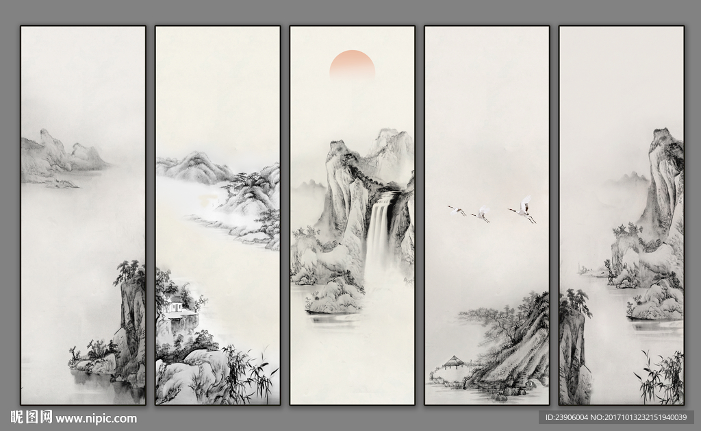 水墨山水屏风电视装饰画背景墙
