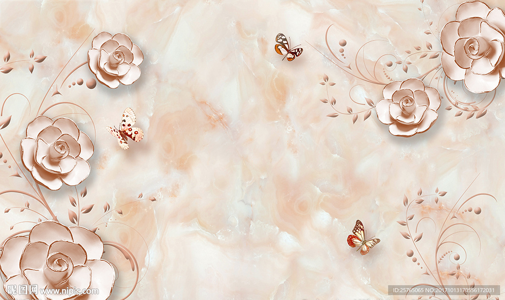 彩雕玫瑰花藤大理石电视背景墙