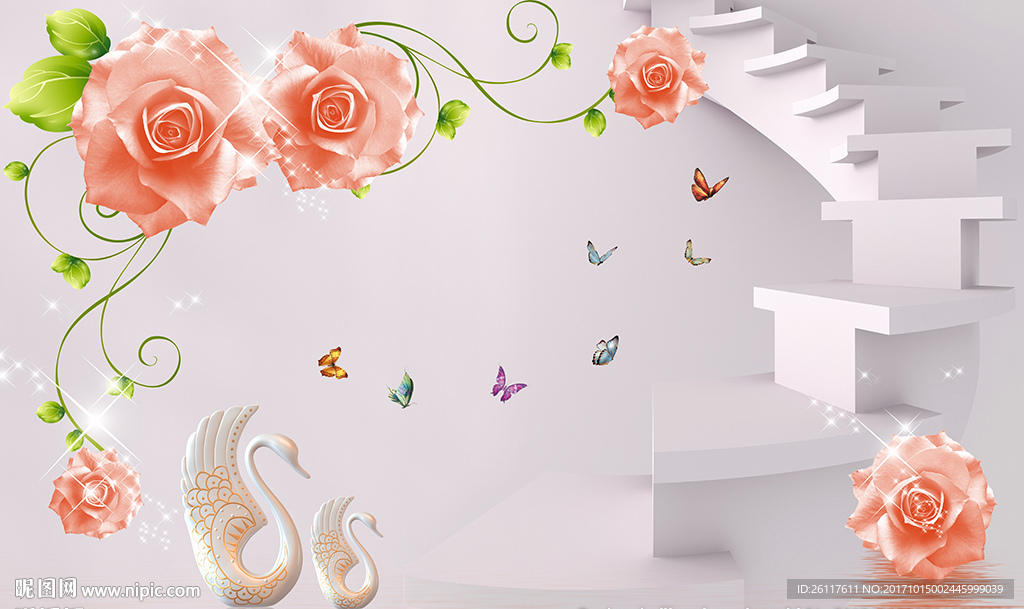 现代玫瑰天鹅简约楼梯电视背景墙