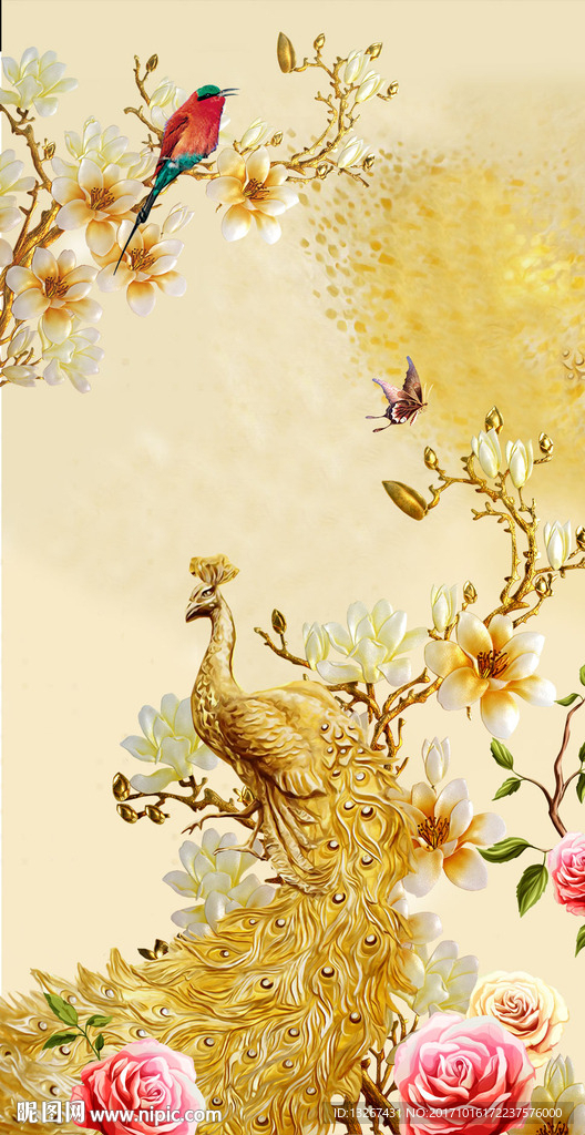 中国风孔雀玉兰3d立体画