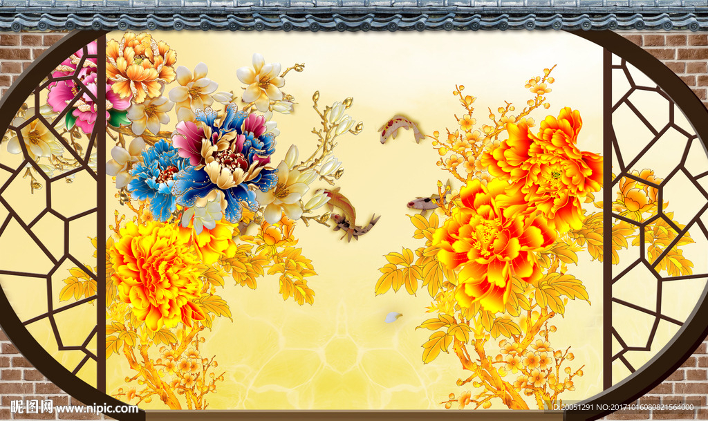 牡丹电视背景墙