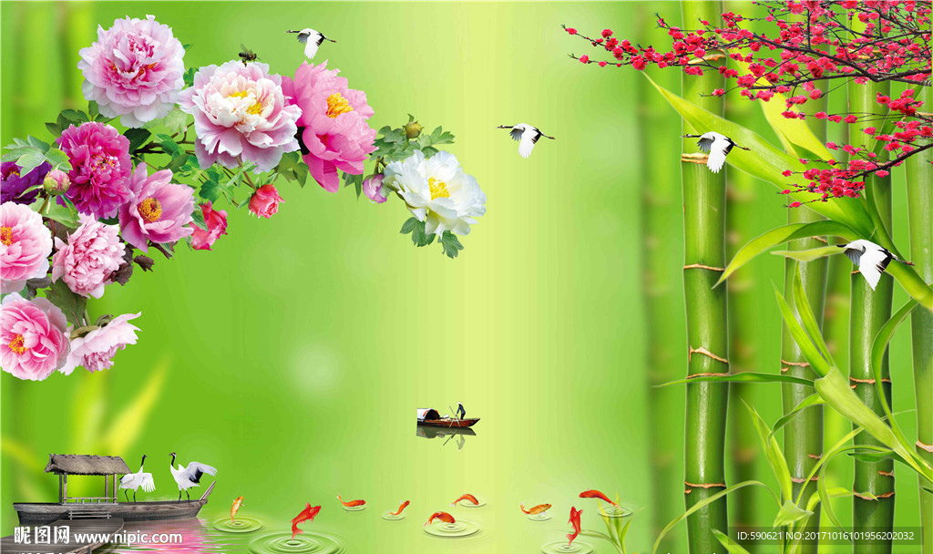 新中式牡丹背景墙