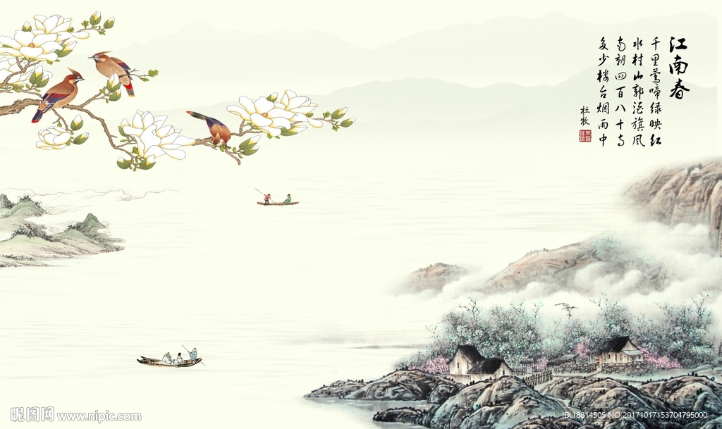 江南春杜牧画眉鸟背景墙