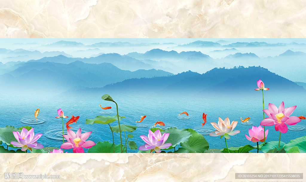 中式山水画欧式大理石电视背景墙