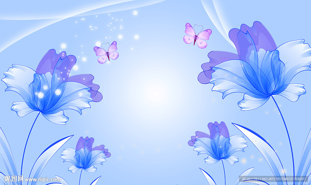 蓝色花卉梦幻蝴蝶电视背景墙