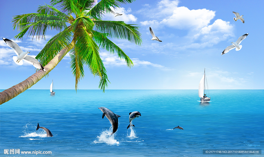美丽大海椰树海豚海鸥电视背景墙