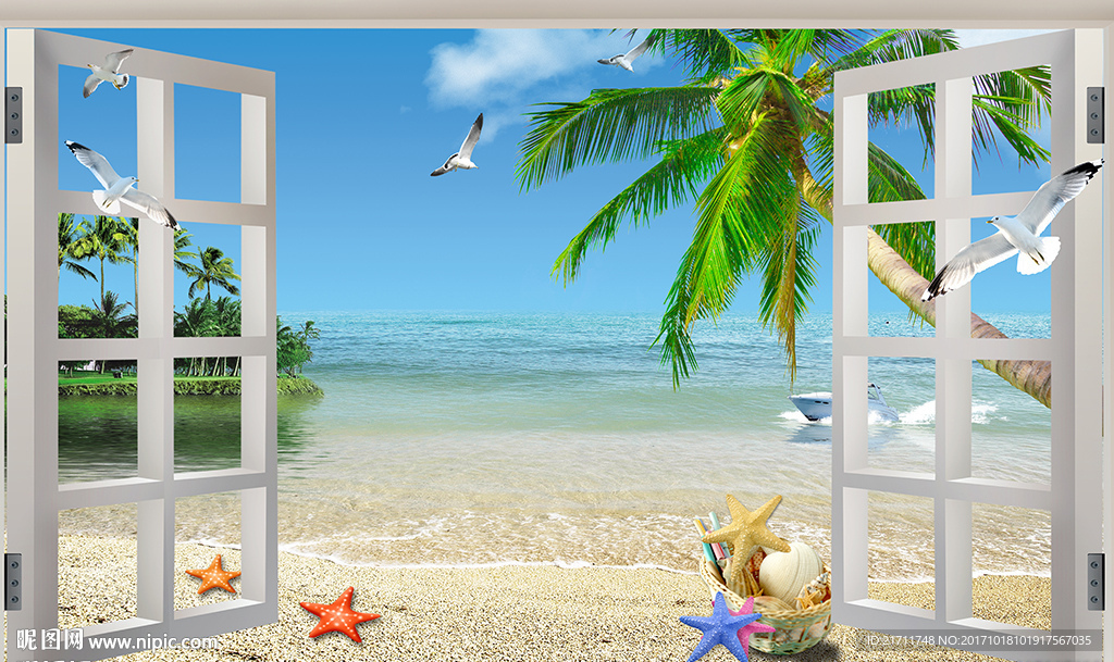 窗外美丽大海沙滩椰树电视背景墙