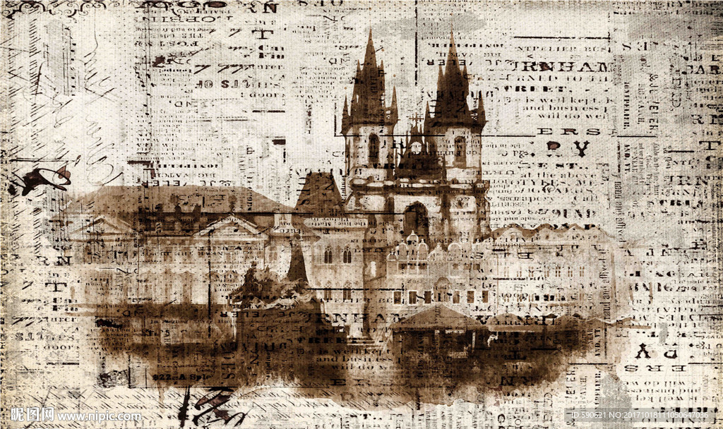 怀旧复古手绘城堡背景墙壁画