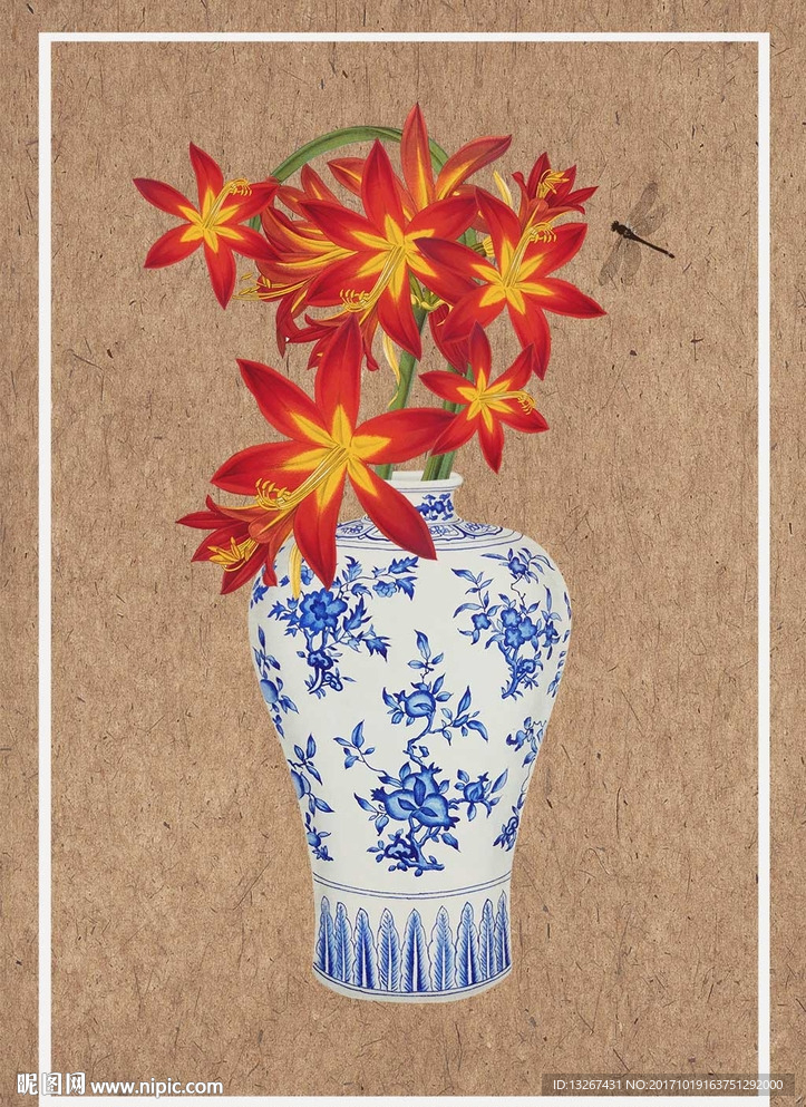 中国风工笔静物青花瓷盆花