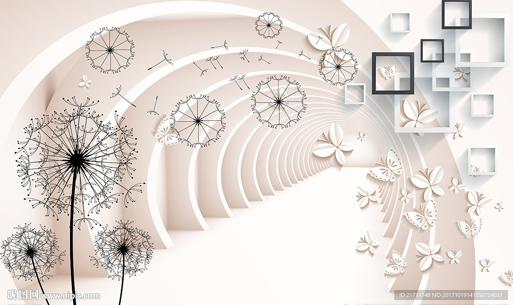 简约蒲公英框框蝴蝶电视背景墙