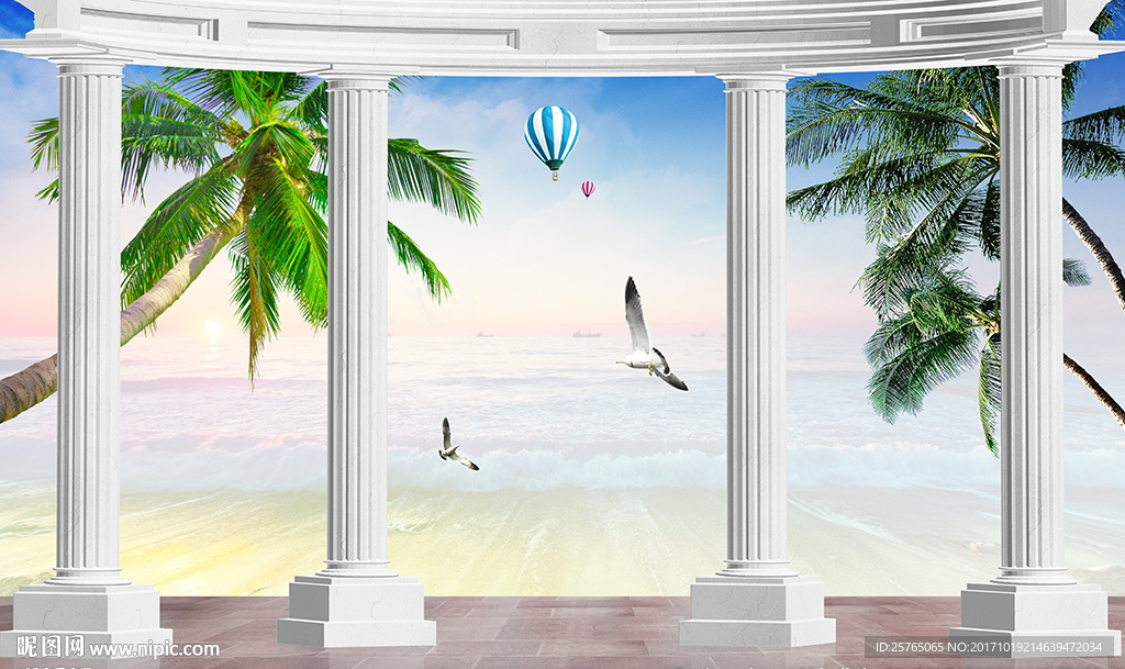 美丽大海椰树罗马柱电视背景墙