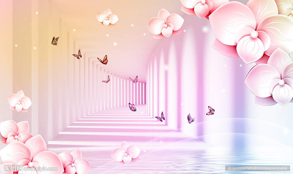 3D空间梦幻花卉蝴蝶电视背景墙