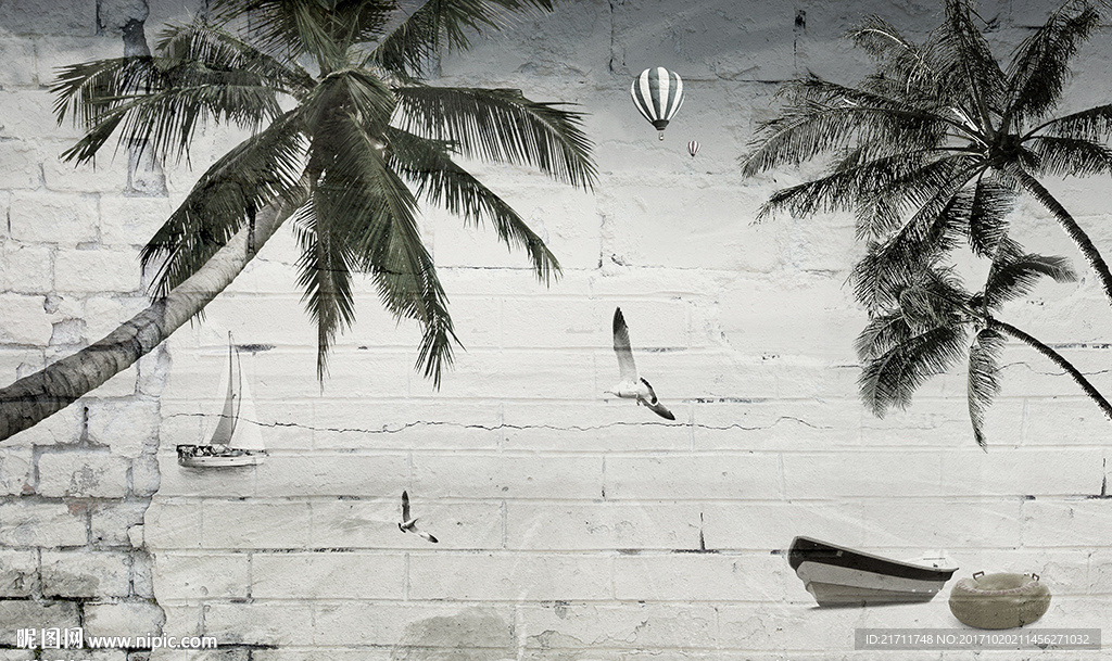 简约椰树海鸥小船砖墙电视背景墙