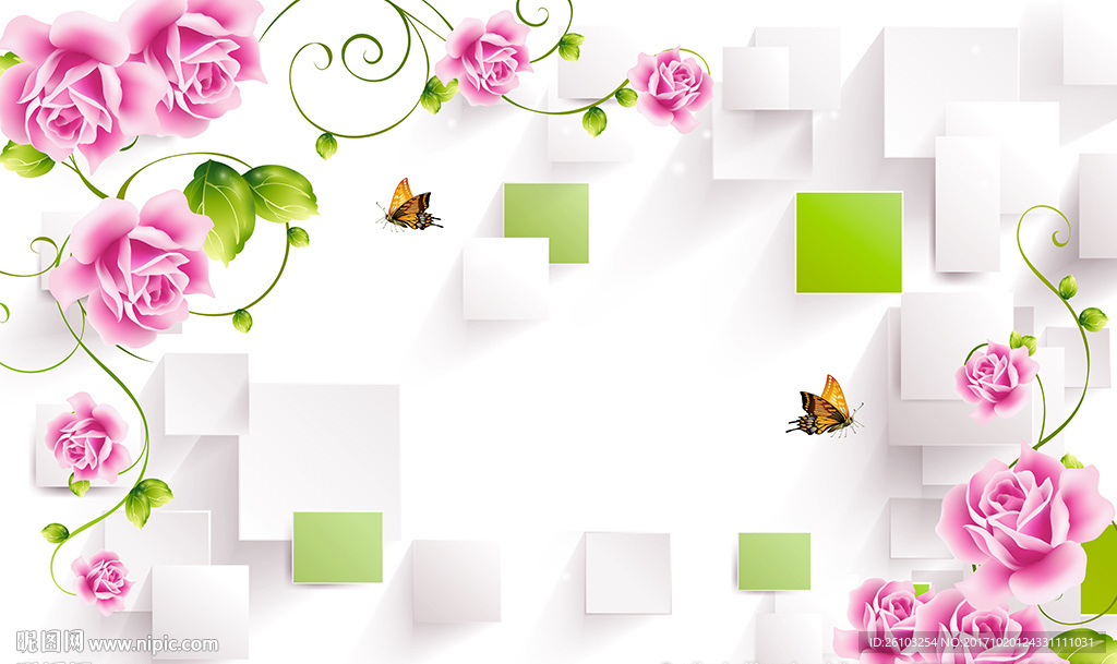 现代玫瑰蝴蝶简约砖墙电视背景墙