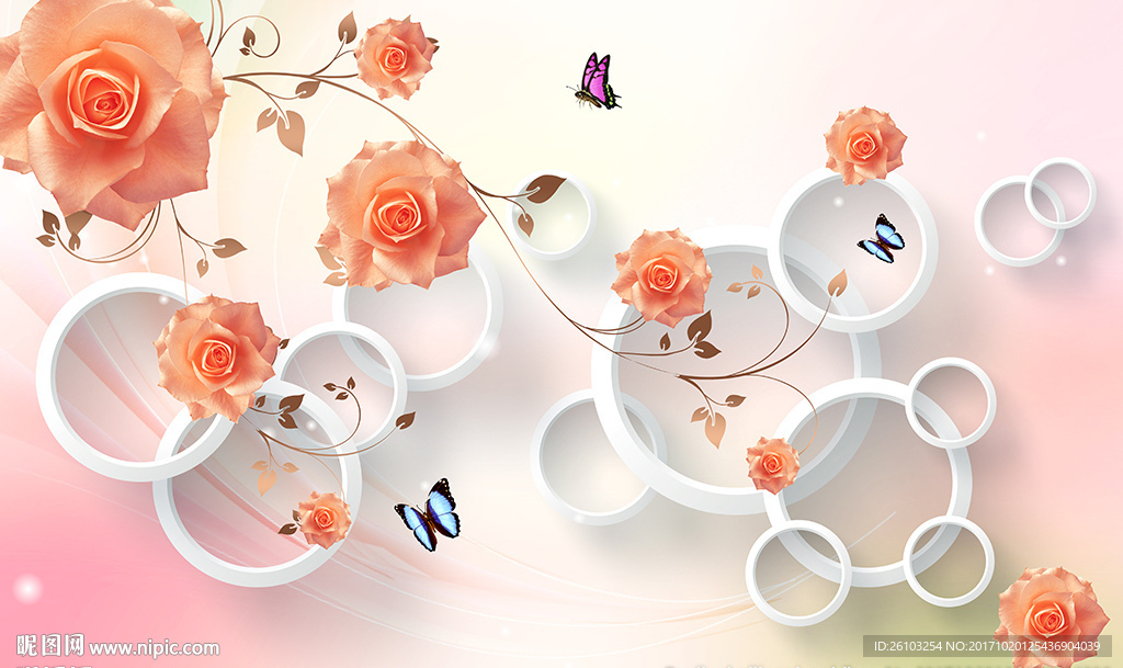 现代玫瑰蝴蝶简约圈圈电视背景墙