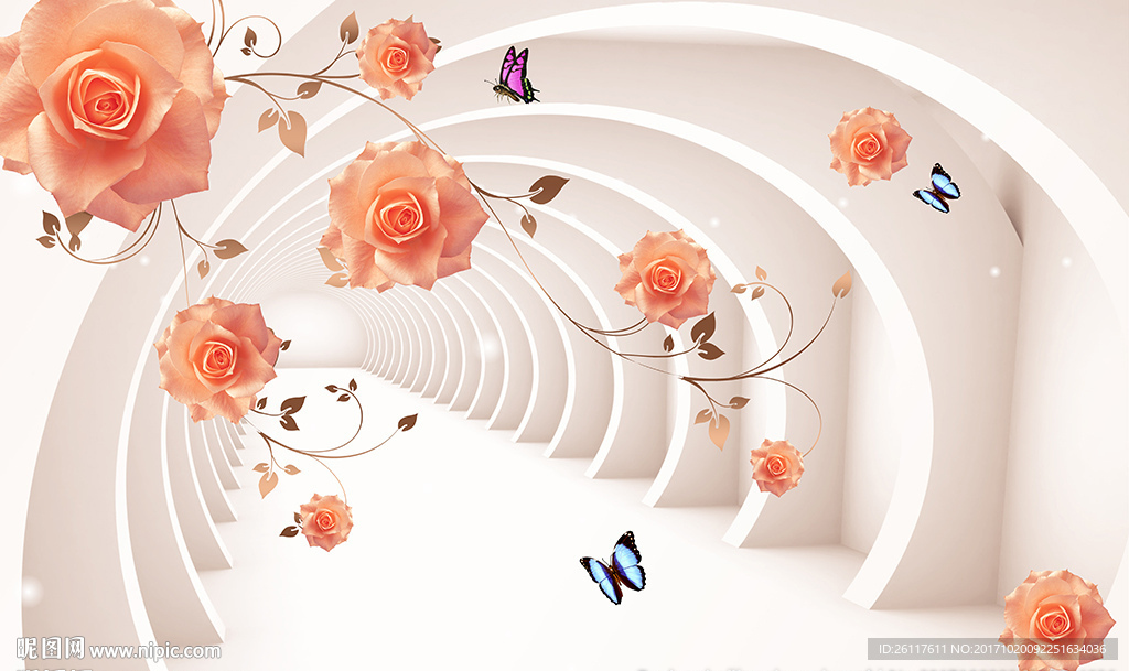 3D空间现代玫瑰蝴蝶电视背景墙