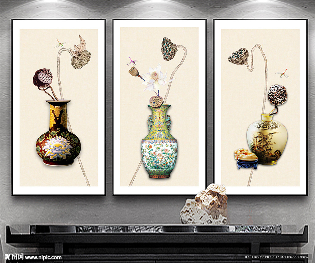 中式现代瓷瓶立体莲蓬装饰画