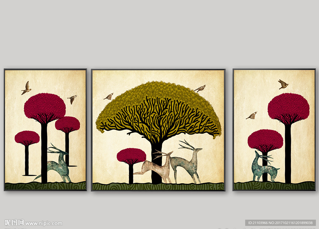 欧式简约金色发财鹿吉祥树装饰画