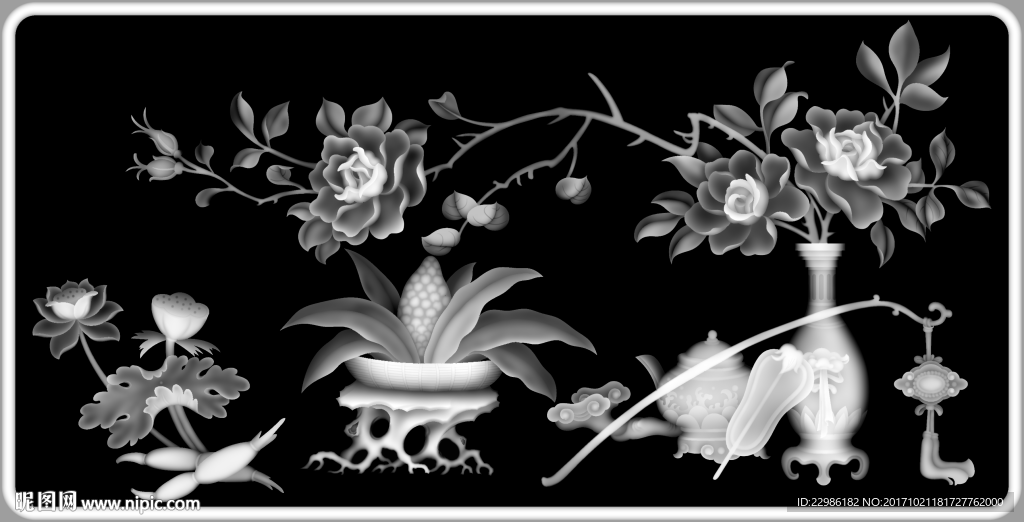 月季花瓶浮雕精雕灰度图