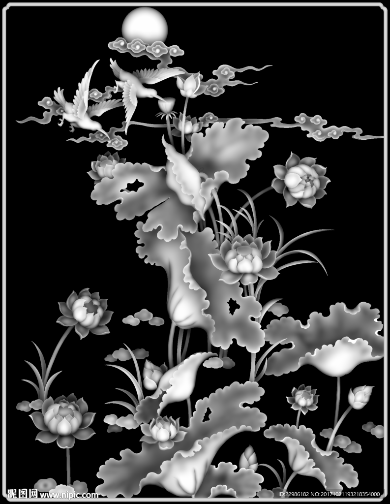 荷花精雕浮雕灰度图