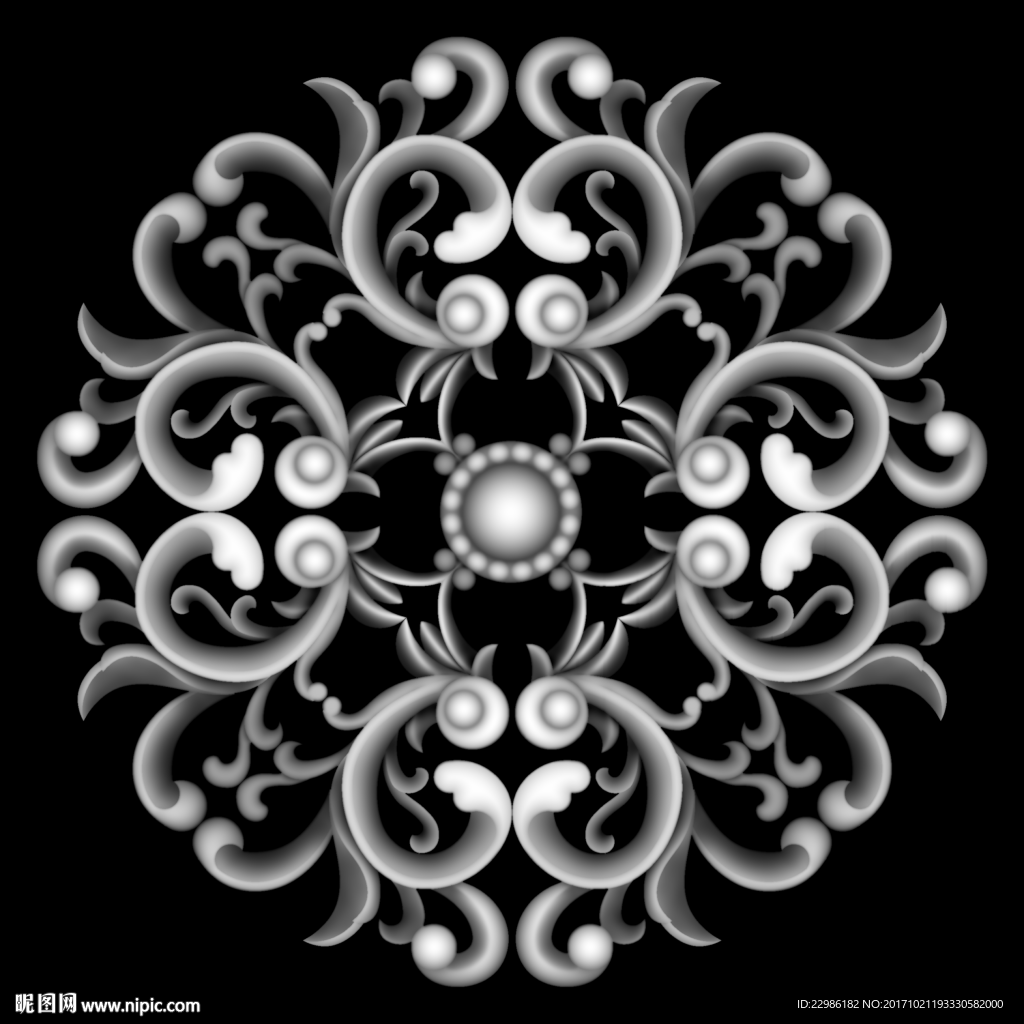 圆形洋花精雕浮雕灰度图