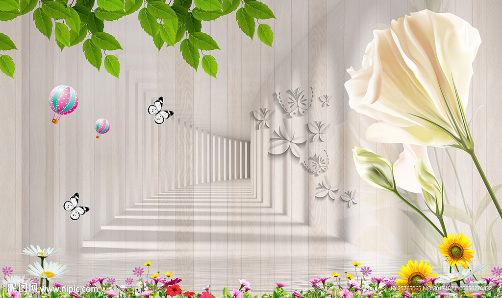 3D空间现代百合花坪电视背景墙