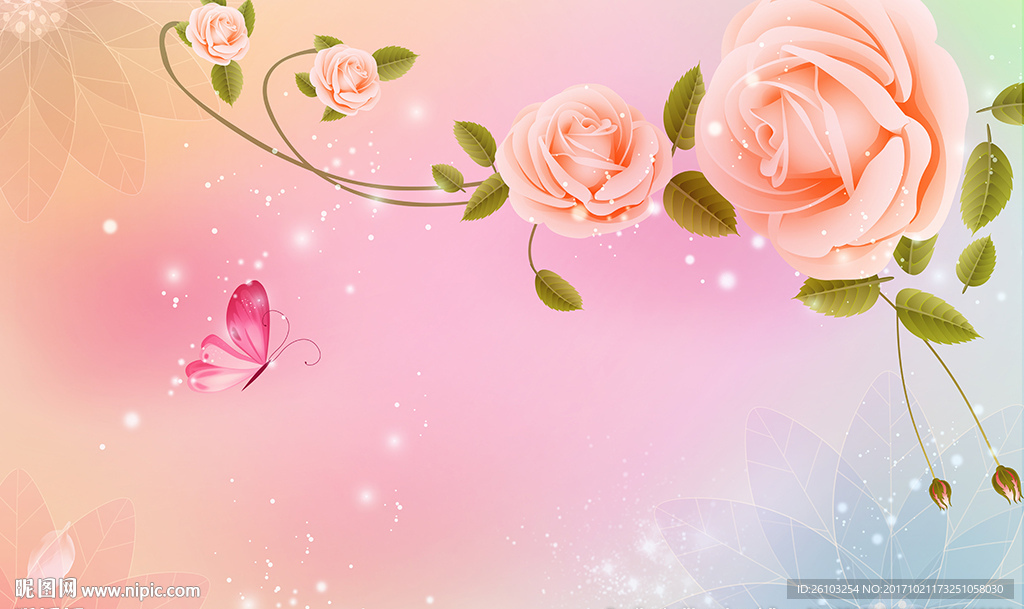 梦幻玫瑰蝴蝶清新花藤电视背景墙