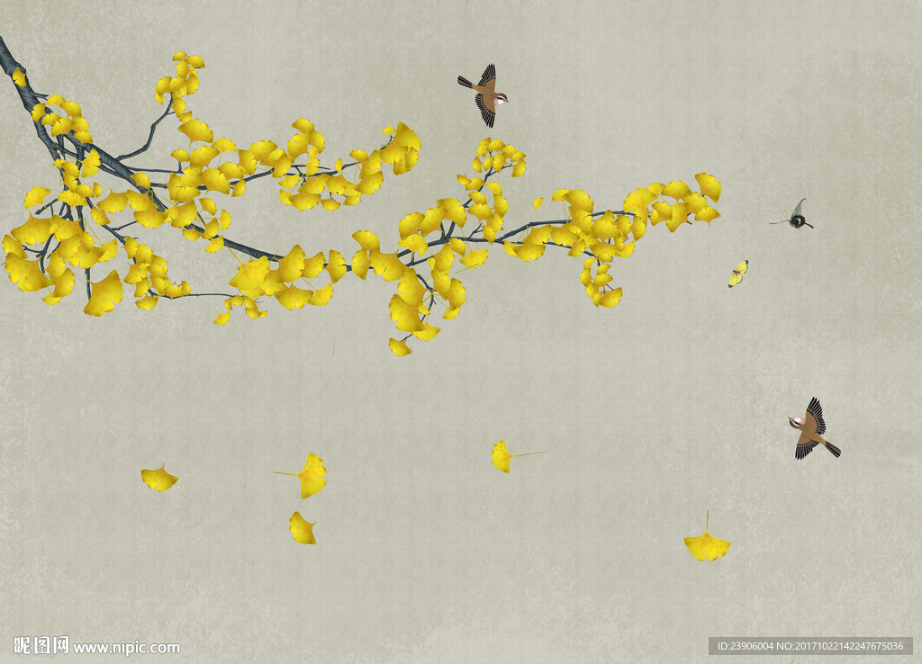 新中式手绘银杏叶背景墙装饰画