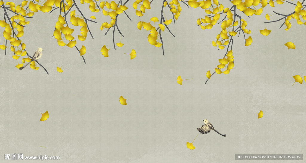 新中式手绘银杏叶背景墙装饰画