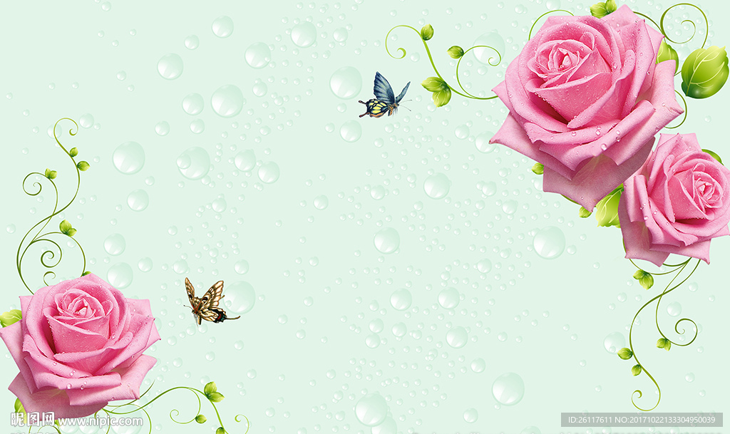 梦幻玫瑰蝴蝶简约水滴电视背景墙