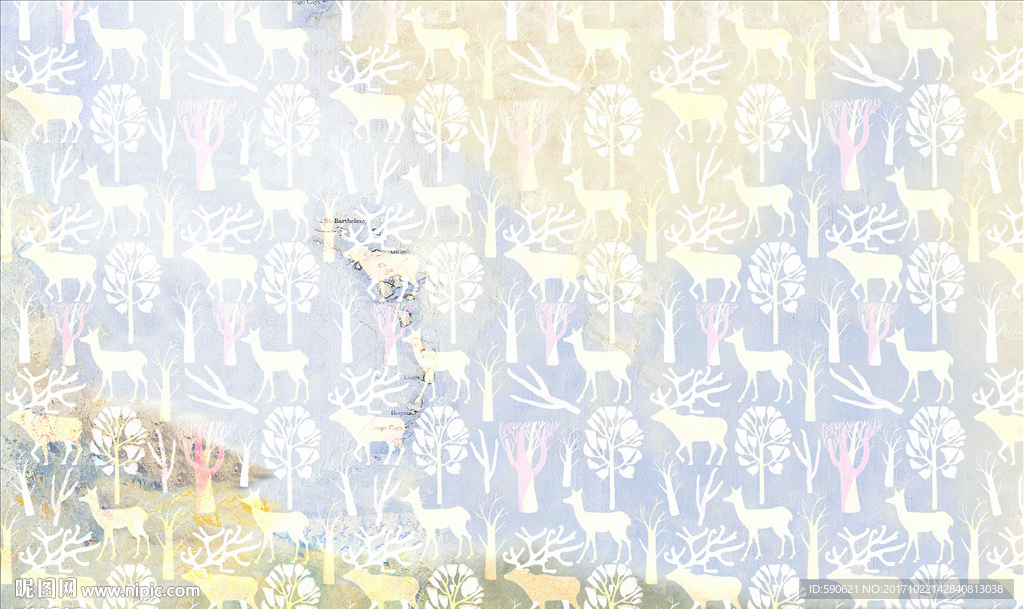 手绘鹿儿童房背景墙壁画