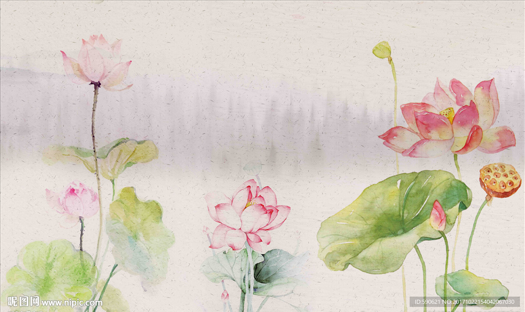 新中式手绘荷花背景墙壁画