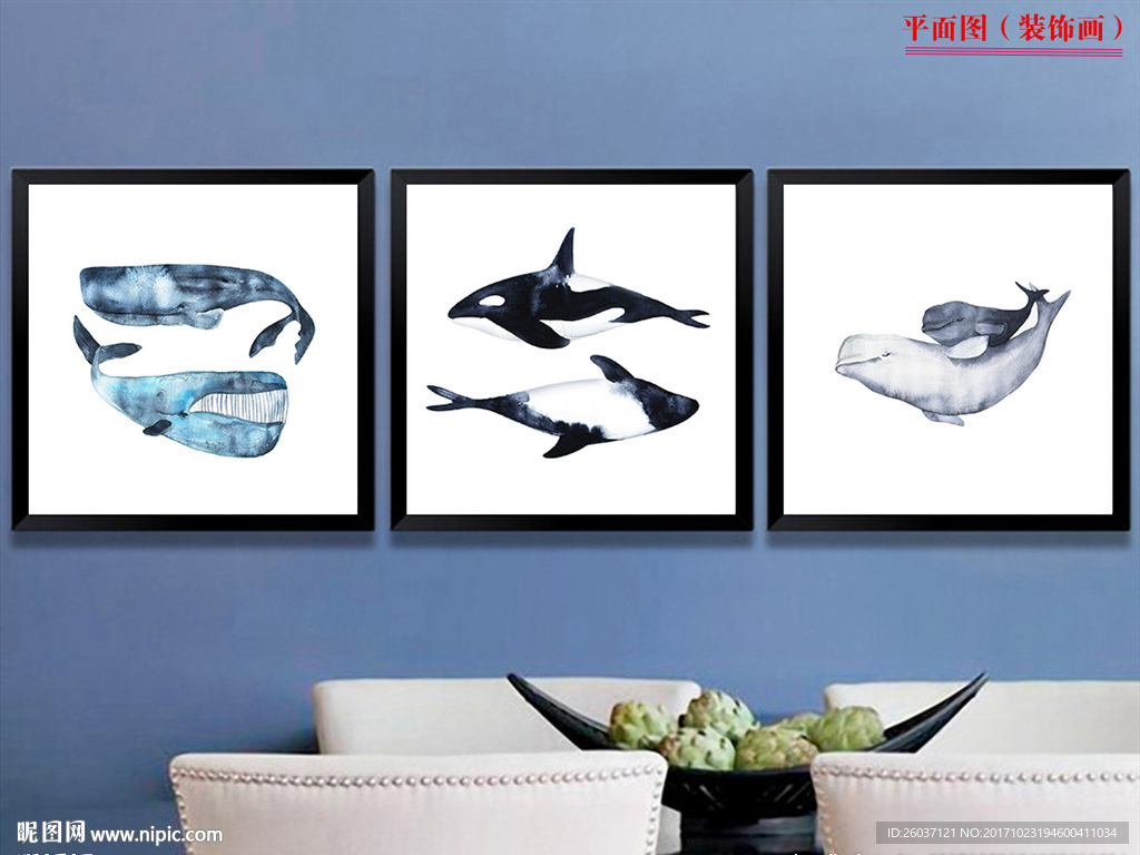 北欧手绘创意鲸鱼海豚装饰画