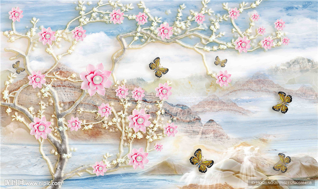 新中式百合背景墙