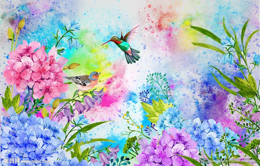 水彩手绘花鸟小清新psd分层
