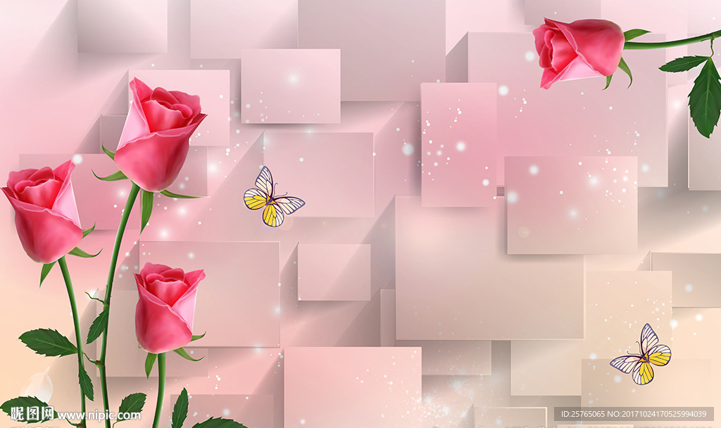 梦幻玫瑰蝴蝶简约砖墙电视背景墙