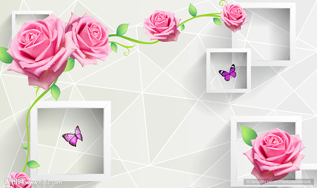 现代玫瑰简约框框蝴蝶电视背景墙