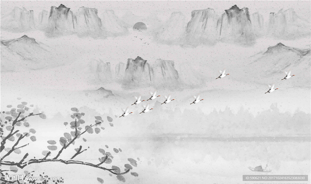 新中式水墨山水背景墙壁画
